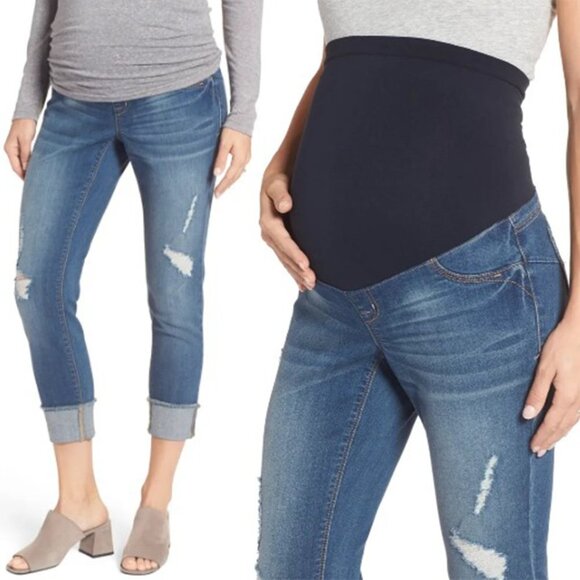 1822 Denim Distressed Maternity Crop Jean Frayed Raw Cut Hem Stretch Denim Irene - Picture 1 of 9